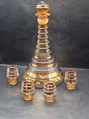 Vintage Gold Banded Decanter Set 4 Shot Glasses Amber Mid Century Modern